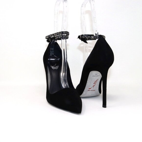 René Caovilla NEW 38 Black Suede Fabulosity Swarovski Crystal Ankle Wrap Heels - Picture 3 of 16